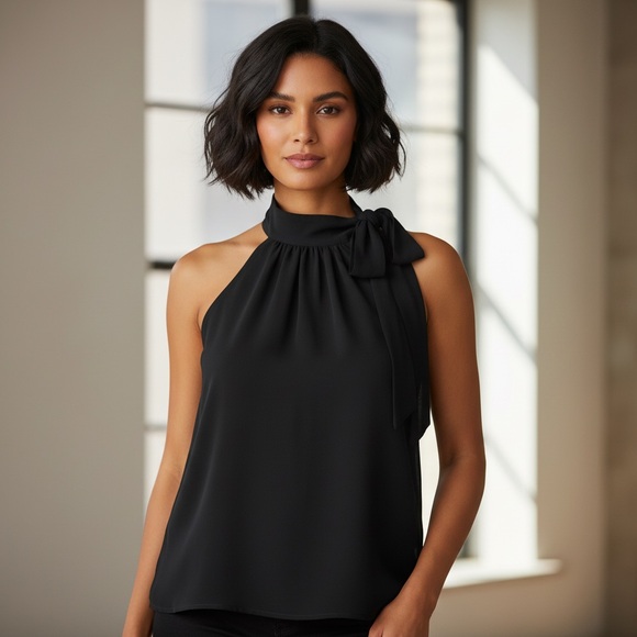 Express Design Studio Black Silk Tie-Neck Blouse – Size Small - Picture 2 of 9